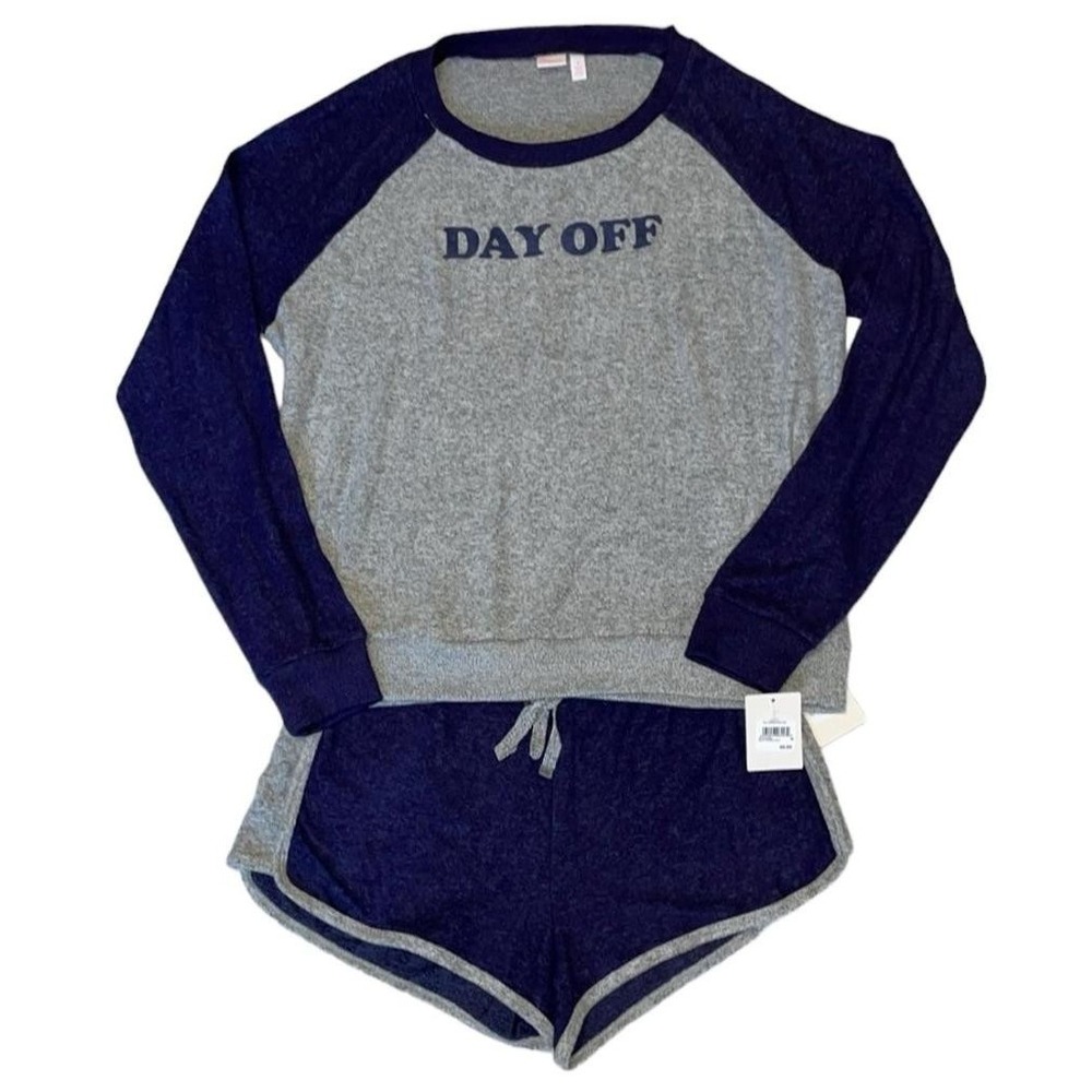 NWT Make + Model Day Off 2 Piece Short Pajama Set Long Sleeve Gray + Navy Sz M